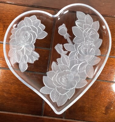 Heart Shaped Etched Crystal Glass Heart Tray Plate Rose Studio Nova 10.5” x 11