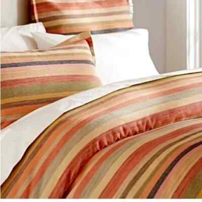 Pottery Barn Duvet Cover 3pc Queen Bedding Set Foundations Logan Stripe Shams-image