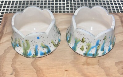 VTG Set Of 2 Studio Art Pottery Drip Glaze Ceramic Tulip Shaped Candle Holders-image