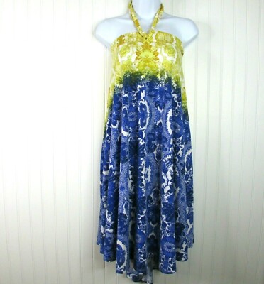 Jean Paul Richard Halter Dress Size XL Dip Dye Yellow Blue Willow Ware Summer-image