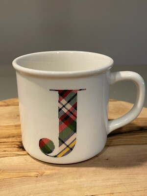 Pottery Barn 2017 Monogramed Plaid J Stoneware Mug Personalized Retired C35, EUC-image