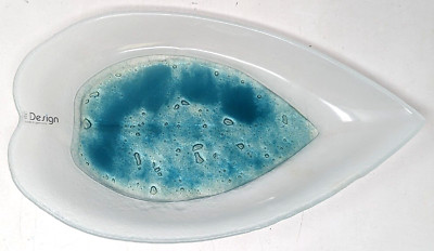 Linia Design Studio Art Frosted Fused Glass Leaf Serving Dish Tray Germany KB23-image