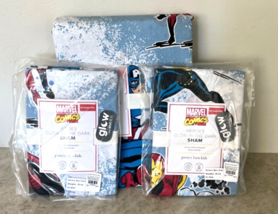 Pottery Barn Kid Marvel Glow in the Dark FULL QUEEN duvet cover shams super hero-image