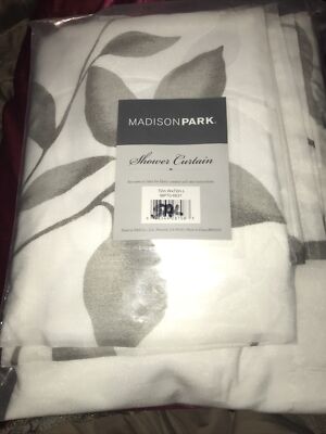 Madison Park Shower Curtain 72x72 Inches Gray & White Leaf Design New In Package-image