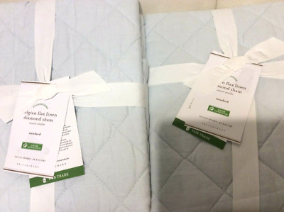 Pottery Barn Two (2) Belgian Flax Linen Diamond Quilted Standrd Shams Blue Frost-image