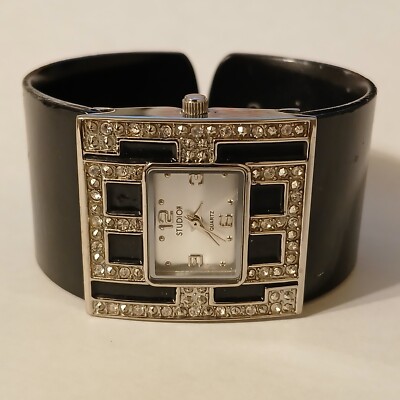 Studio Time Rhinestone Bezel Black Cuff Bracelet Quartz Watch Japan Movt-image