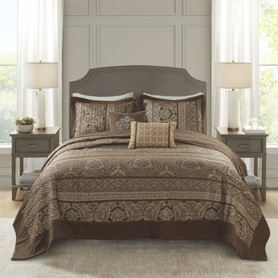 5 Piece King Size Reversible Jacquard Bedspread Set Brown/Gold-image
