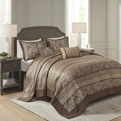 Madison Park 5 Piece Queen Quilt Set Traditional Jacquard Luxe Design,Brown/Gold-image