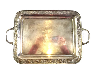 Pottery Barn Silver Metal Tray 11x17 Handled Vines Vanity Trinket Entryway Table-image