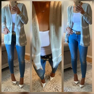 New Striped Dip Dye Cardigan in Sage Green Large-image