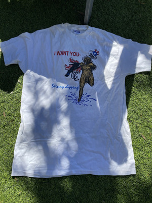 VTG 90s Uncle Sam XL White Skinny Dipping Nudist T Shirt Nude Beach Political-image