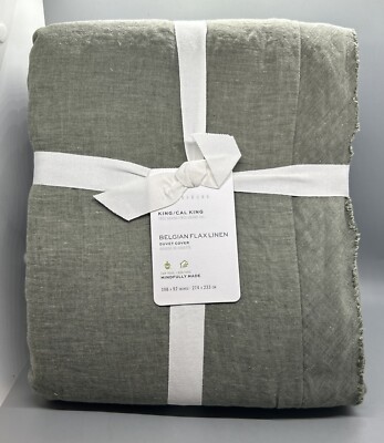 Pottery Barn Belgian Flax Linen KING Duvet Cover Loden Green Double Flange *READ-image