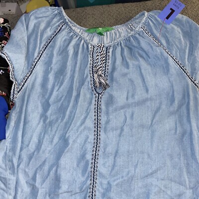 Dip Womens Denim Look Tunic Top White Trimming Tie Keyhole Sz Large-image