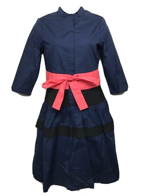 Madison & Park Women's 3/4 Sleeve Crew Neck Waist Tie Blue w/ Pink Sash Dress -image