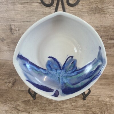 Studio Hand Made Artisan Signed Pottery Rounded Square Bowl Blue Butterfly Glaze-image