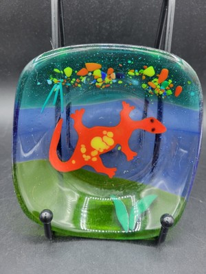Signed Studio 8 Art Glass Fused Glass Lizard Trinket Dish Tray Plate-image