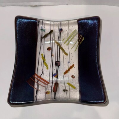 Vintage 1980's Kurt McVay Blue Fused Glass Iridescent Dish Artist Studio Signed-image