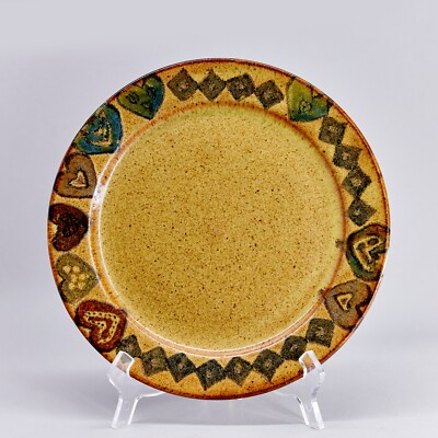 Vintage Studio Pottery Plate 80's hand made Glazed Hearts border Stoneware R123-image