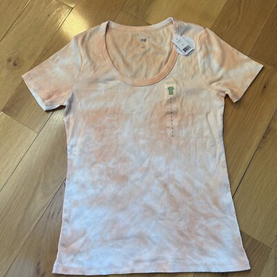 New DIP Women’s Large Tie-Dyed Scoop Ribbed Neck Short Sleeve T-Shirt WhitePeach-image
