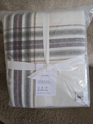  Pottery Barn Logan Plaid King Duvet Organic New Rare-image