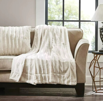 MADISON PARK DUKE BRUSHED LONG FAUX FUR THROW BLANKET -CHAMPAGNE IVORY -NWT-image