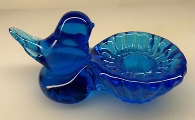 VTG Byron Hicks SIGNED Art Glass Bluebird Happiness Candle Holder Ozark Studios-image