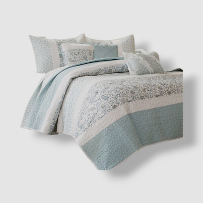 Madison Park Blue Reversible Stella Cotton Percale Quilt Set Full/Queen-image