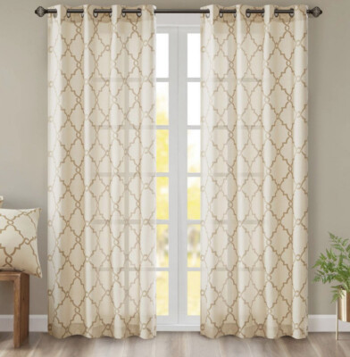 ⚜ Madison park Sereno Fretwork Print Light Filtering,Beige/gold 50x84”1 Panel🆕️-image