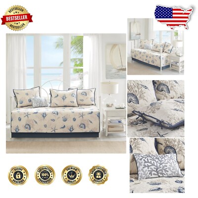 6-Piece Seashell Print Daybed Cover Set with Quilted Design - Machine Washable-image