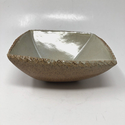 Studio Pottery Square Bowl Textured Edge Brown Beige Tan Speckled Signed KW-image