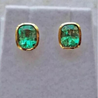 3 Ct Simulated Green Emerald Bezel Women Stud Earrings 14K Yellow Gold Plated-image