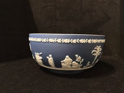 Antique Wedgwood dipped cobalt blue Jasperware large Sacrifice Bowl England-image