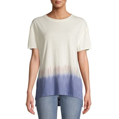 Time and Tru Women's Crewneck Vintage Dip Dye T-Shirt BLUE/BEIGE L 12/14-image