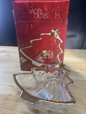 STUDIO NOVA Yuletide Spirit Gold Trim Christmas Tree Shaped Glass Sweet Dish-image