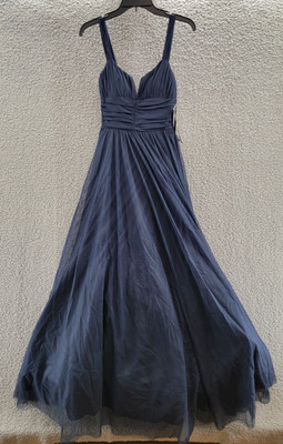 City Studio Emma Pleated-Bodice Notched-Neck Gown Junior's 0 Navy Ink-image