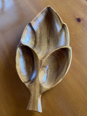 Super Large Vintage Monkey Pod Wood Bowl Leaf Shape Chip and Dip Server MCM-image