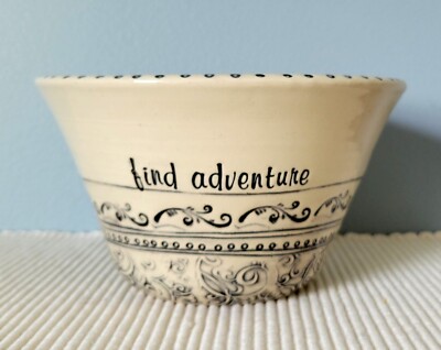Studio Pottery Stencil Scroll Design Conical Bowl Joy-Adventure-Love Signed-image