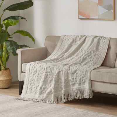 Madison Park Chloe Throw Tapestry 100% Cotton Tufted Chenille Fringe 50