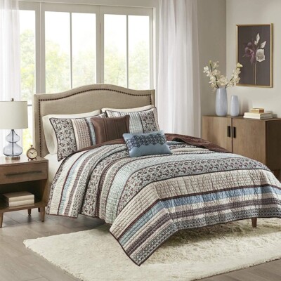 Madison Park MP13-614 Princeton 5 PC Poly Coverlet Shams Pillows Set King Blue-image