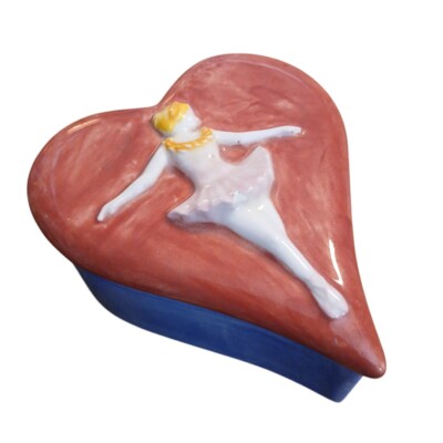 Studio Art Glazed Heart Shaped Ballerina Ceramic Trinket Box Lid Signed MF READ-image