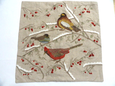 Pottery Barn Linen Cotton Colorful Winter Embroidered Birds Euro Sham Cardinal-image