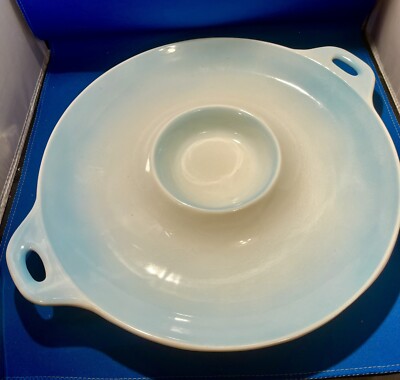 Beautiful MCM✨Ombré Vintage✨Ceramic Chip and Dip Plate, Pale Blue✨Japan, LARGE-image