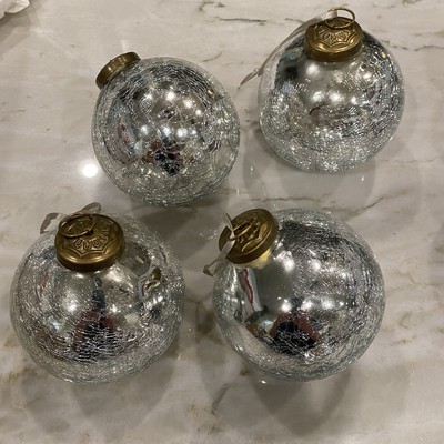 4 Pottery Barn Large 3.5 Crackle Mercury Glass Kugel Ball Ornaments Silver-image