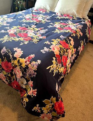 Pottery Barn P+B Queen/Full Duvet Cover ~ Modern Bouquet ~ Navy Red Pink-image