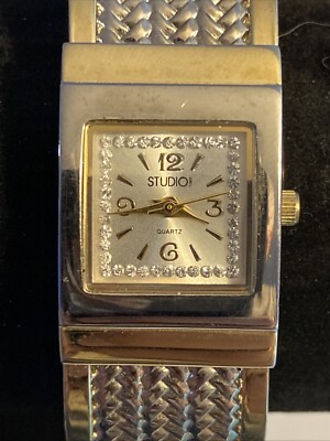 STUDIO TIME Ladies Watch Gold Tone 6” Hinged Cuff Wheat Design New Battery-image