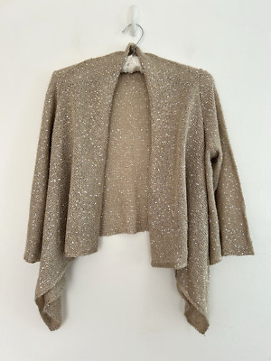 Monsoon Sequin Cardigan Women’s Beige Dipped Hem Open Sparkle 3/4 Sleeve - L-image