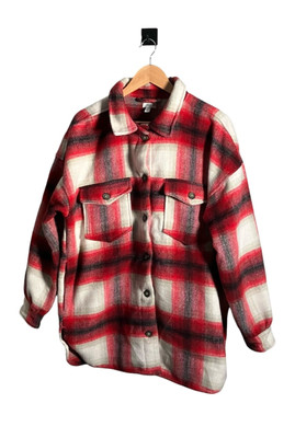 Dip Shirt Mens Size L Red White Shacket Plaid Long Sleeve Button Heavy Flannel-image