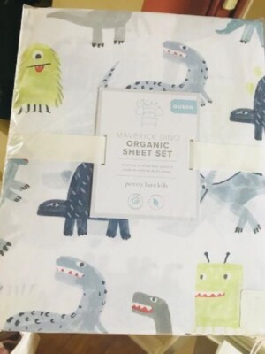 Pottery Barn Maverick Dinosaur Sheet Set Blue Queen Dino TRex Kids 4pc New🦩-image