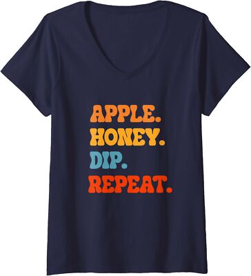 Rosh Hashanah Apple Honey Dip Repeat Jewish New Ladies' V-Neck Tshirt-image
