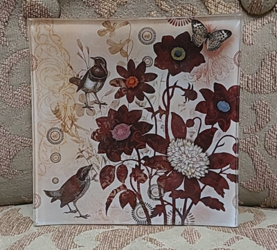 Handmade Art Studio Square Glass Dish Birds~Butterfly~Vintage Art Glass 6